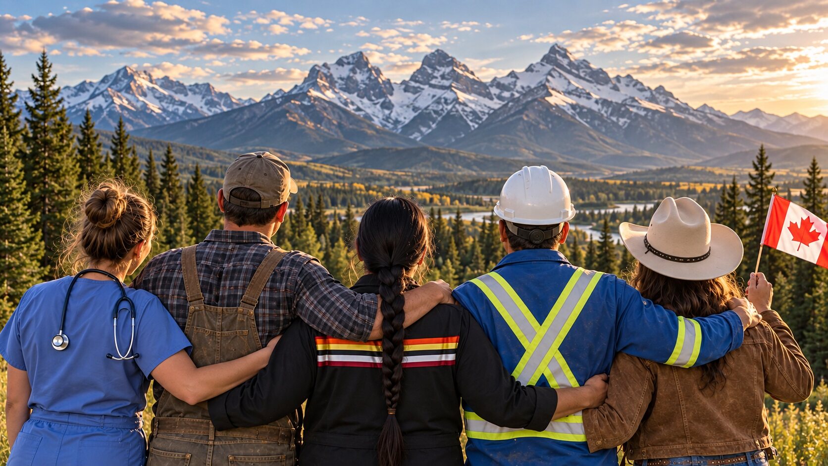 A healthcare worker, farmer, Indigenous community member, trades worker and rancher standing together before Alberta mountains and trees with a Canadian flag